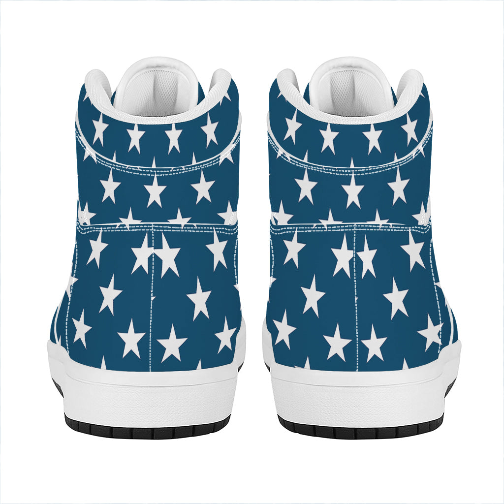 White And Blue USA Star Pattern Print High Top Leather Sneakers
