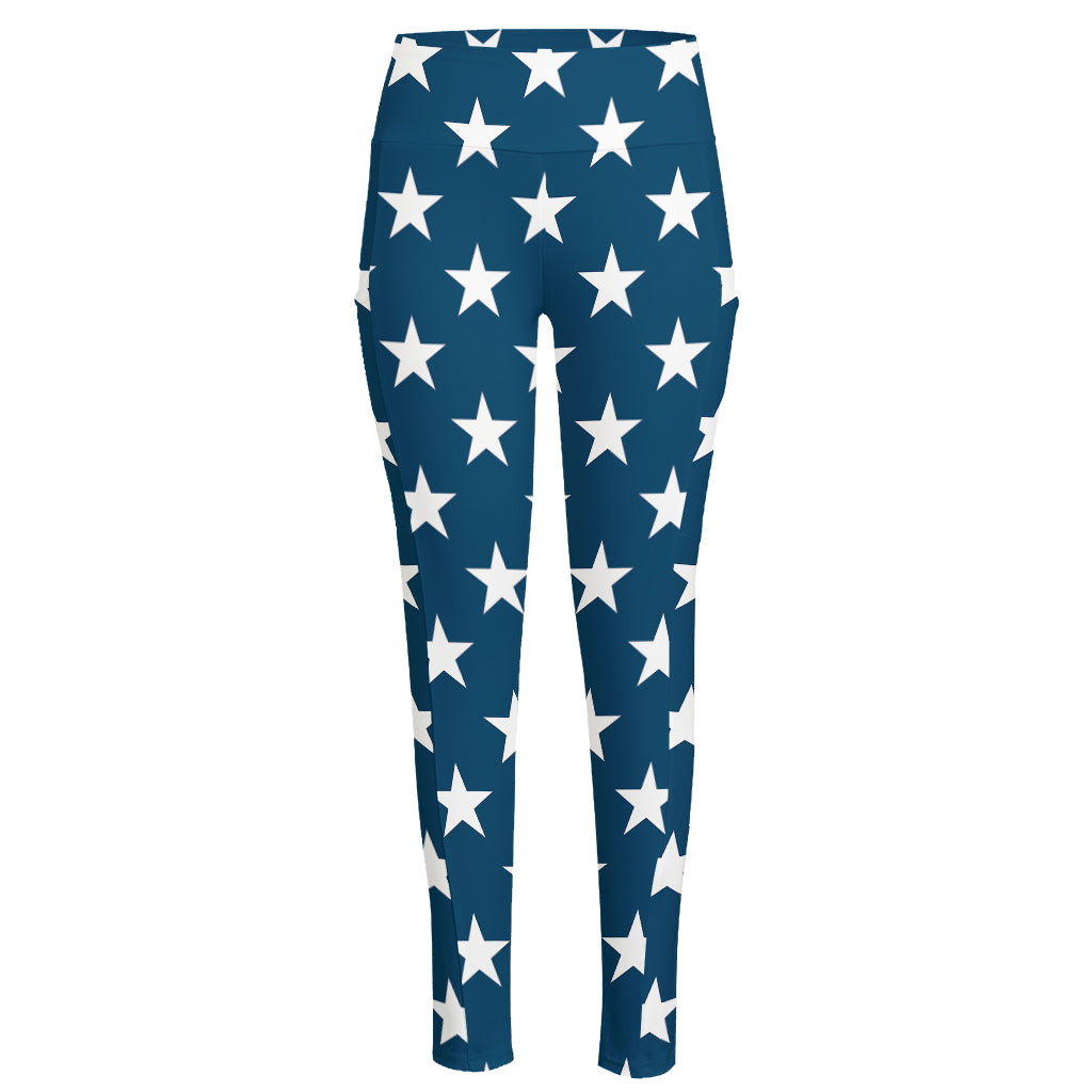 White And Blue USA Star Pattern Print High-Waisted Pocket Leggings