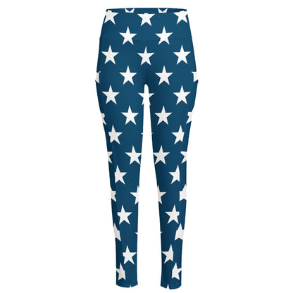 White And Blue USA Star Pattern Print High-Waisted Pocket Leggings