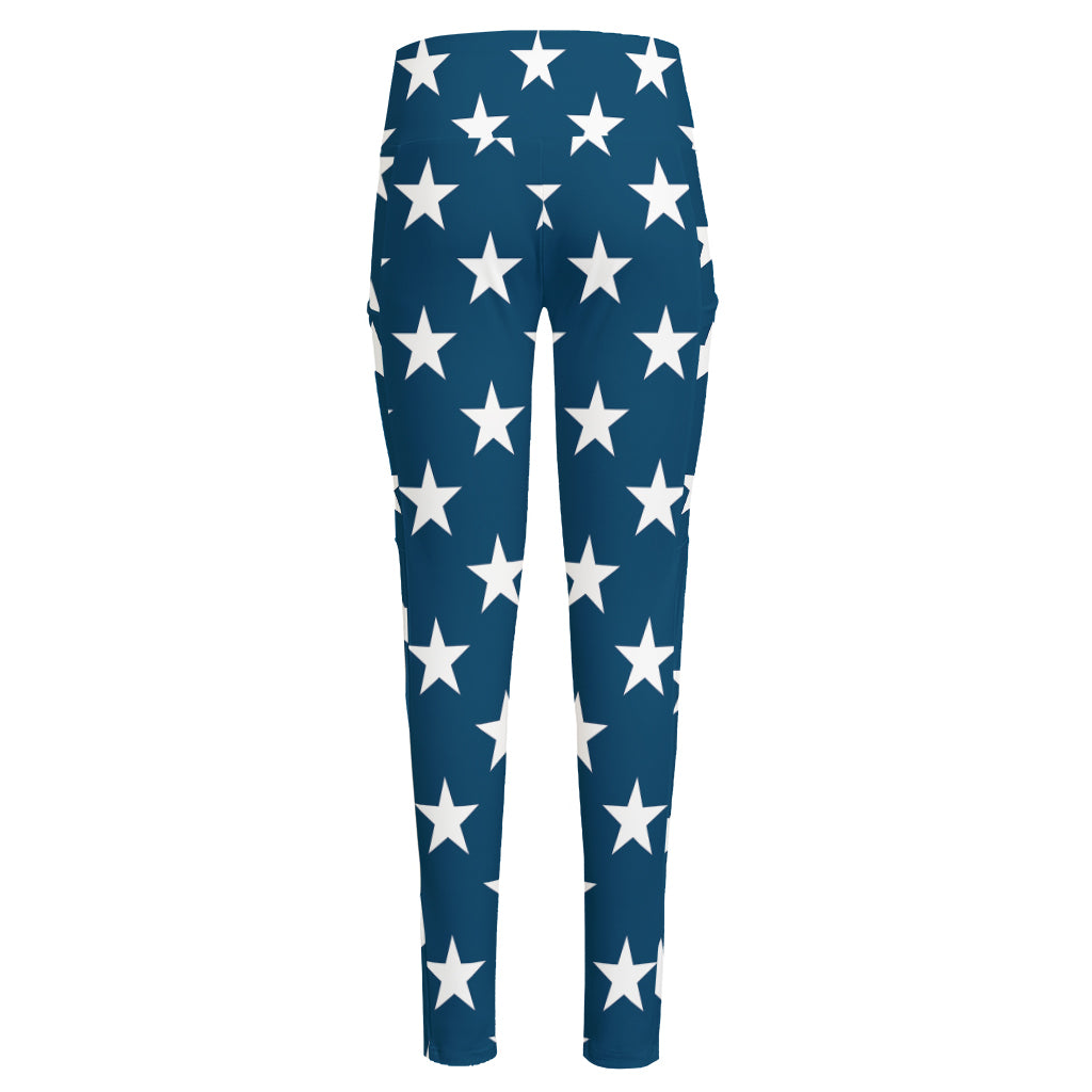White And Blue USA Star Pattern Print High-Waisted Pocket Leggings