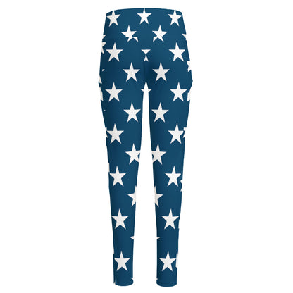White And Blue USA Star Pattern Print High-Waisted Pocket Leggings