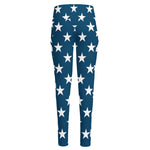 White And Blue USA Star Pattern Print High-Waisted Pocket Leggings