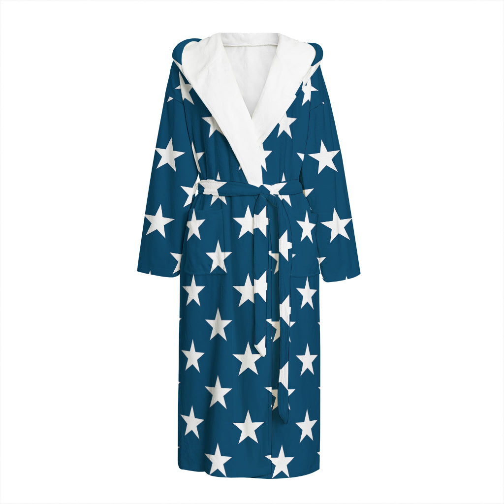 White And Blue USA Star Pattern Print Hooded Bathrobe