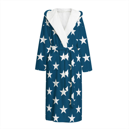White And Blue USA Star Pattern Print Hooded Bathrobe