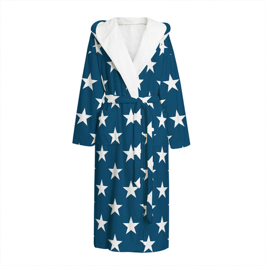 White And Blue USA Star Pattern Print Hooded Bathrobe