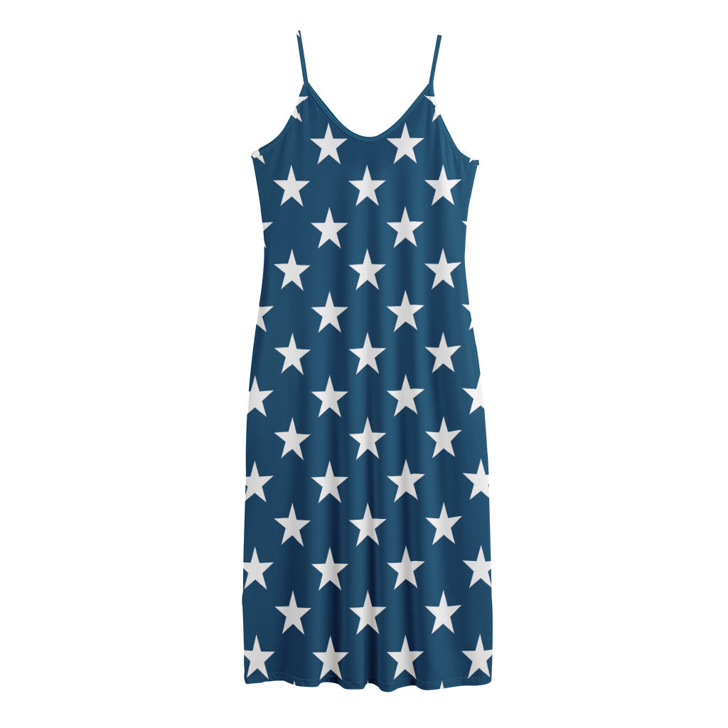 White And Blue USA Star Pattern Print Jersey Midi Cami Dress