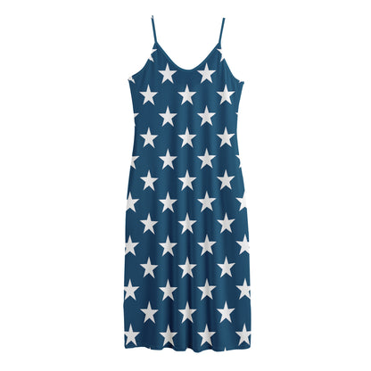 White And Blue USA Star Pattern Print Jersey Midi Cami Dress