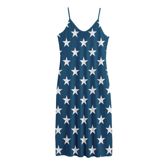 White And Blue USA Star Pattern Print Jersey Midi Cami Dress