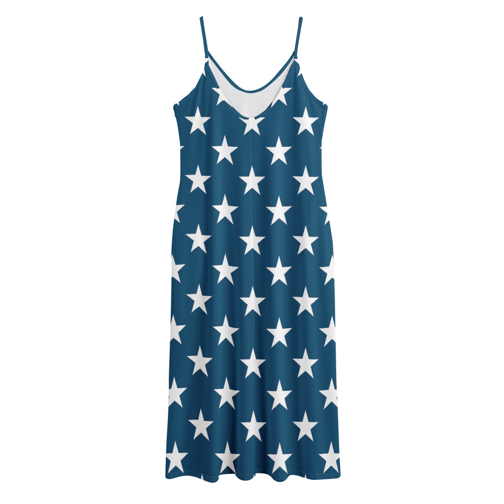 White And Blue USA Star Pattern Print Jersey Midi Cami Dress