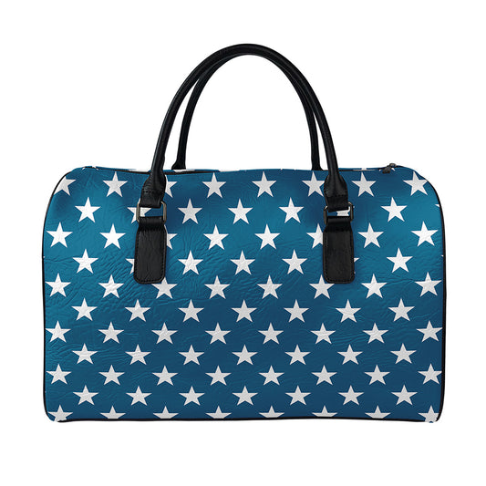 White And Blue USA Star Pattern Print Leather Duffle Bag