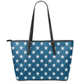 White And Blue USA Star Pattern Print Leather Tote Bag With Zipper