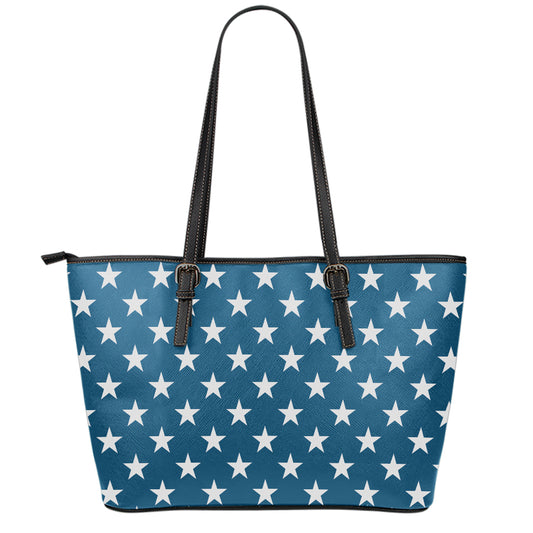 White And Blue USA Star Pattern Print Leather Tote Bag