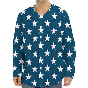 White And Blue USA Star Pattern Print Long Sleeve Baseball Jersey