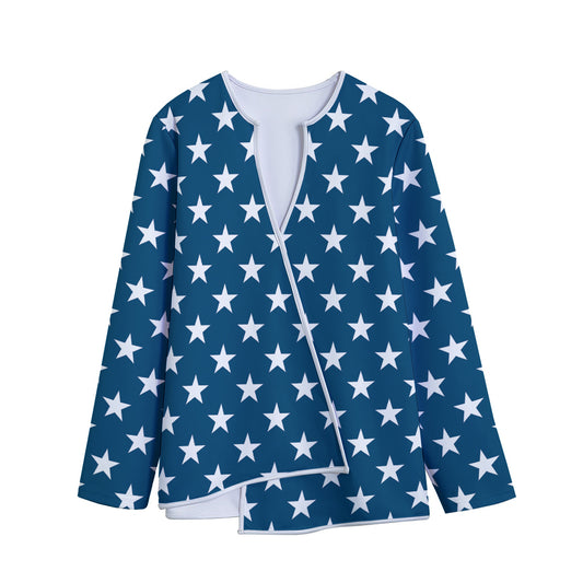 White And Blue USA Star Pattern Print Long Sleeve Short Coat