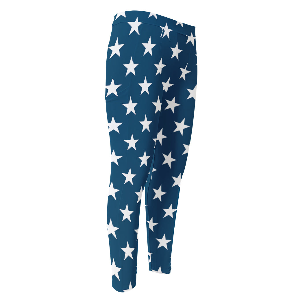 White And Blue USA Star Pattern Print Men's Compression Pants