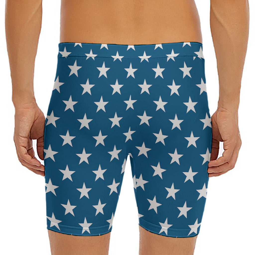 White And Blue USA Star Pattern Print Men's Long Boxer Briefs