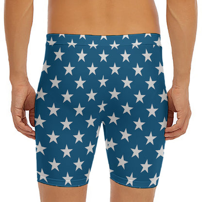 White And Blue USA Star Pattern Print Men's Long Boxer Briefs