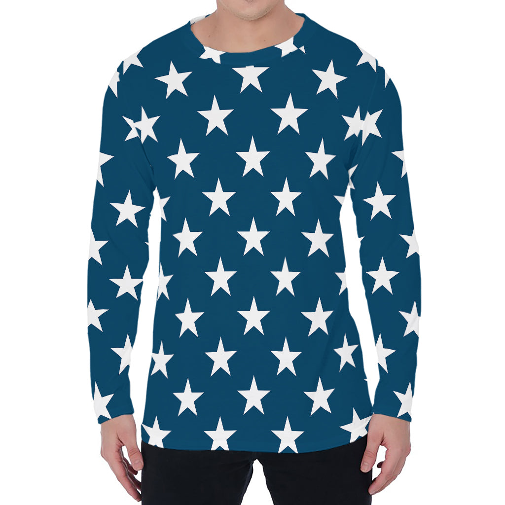 White And Blue USA Star Pattern Print Men's Long Sleeve T-Shirt