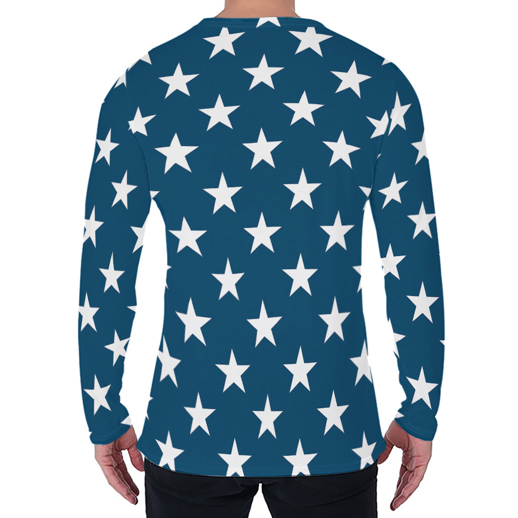 White And Blue USA Star Pattern Print Men's Long Sleeve T-Shirt