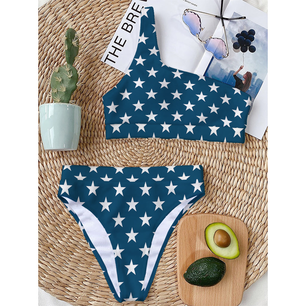 White And Blue USA Star Pattern Print One Shoulder Bikini Top