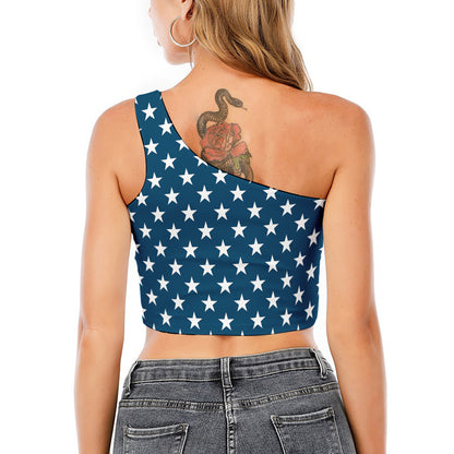 White And Blue USA Star Pattern Print One Shoulder Crop Top