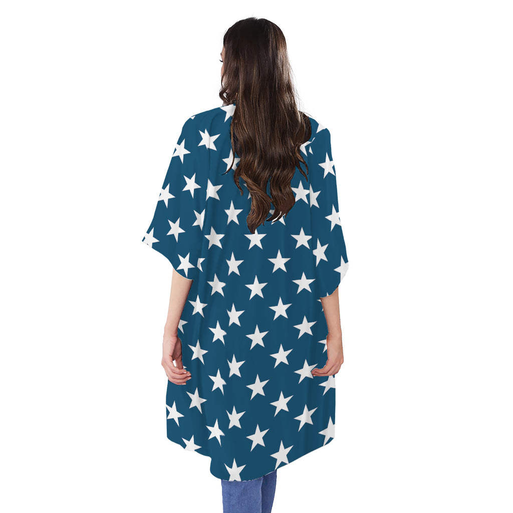White And Blue USA Star Pattern Print Open Front Beach Cover Up
