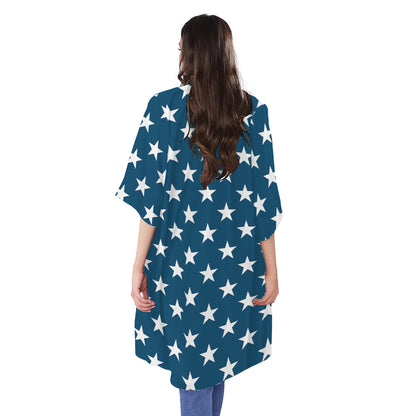 White And Blue USA Star Pattern Print Open Front Beach Cover Up
