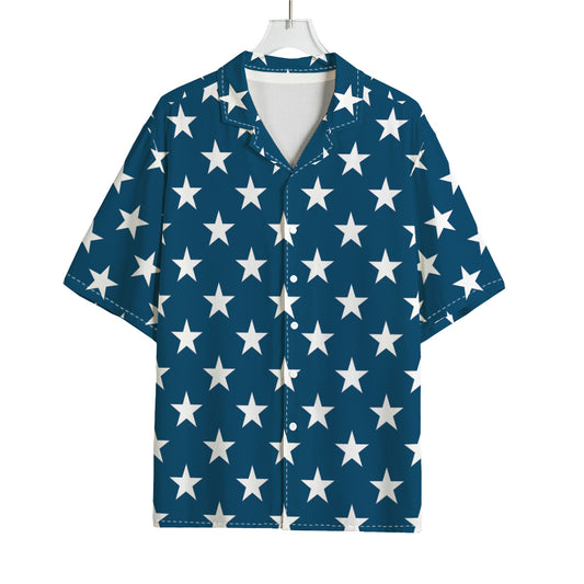 White And Blue USA Star Pattern Print Rayon Hawaiian Shirt