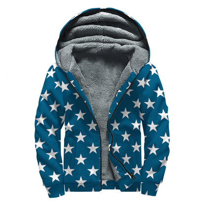 White And Blue USA Star Pattern Print Sherpa Lined Zip Up Hoodie