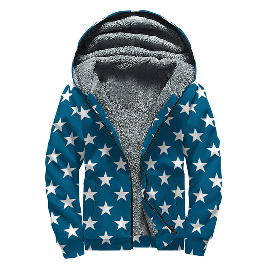 White And Blue USA Star Pattern Print Sherpa Lined Zip Up Hoodie