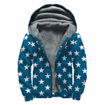 White And Blue USA Star Pattern Print Sherpa Lined Zip Up Hoodie
