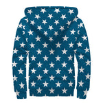 White And Blue USA Star Pattern Print Sherpa Lined Zip Up Hoodie