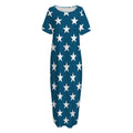 White And Blue USA Star Pattern Print Short Sleeve Long Nightdress