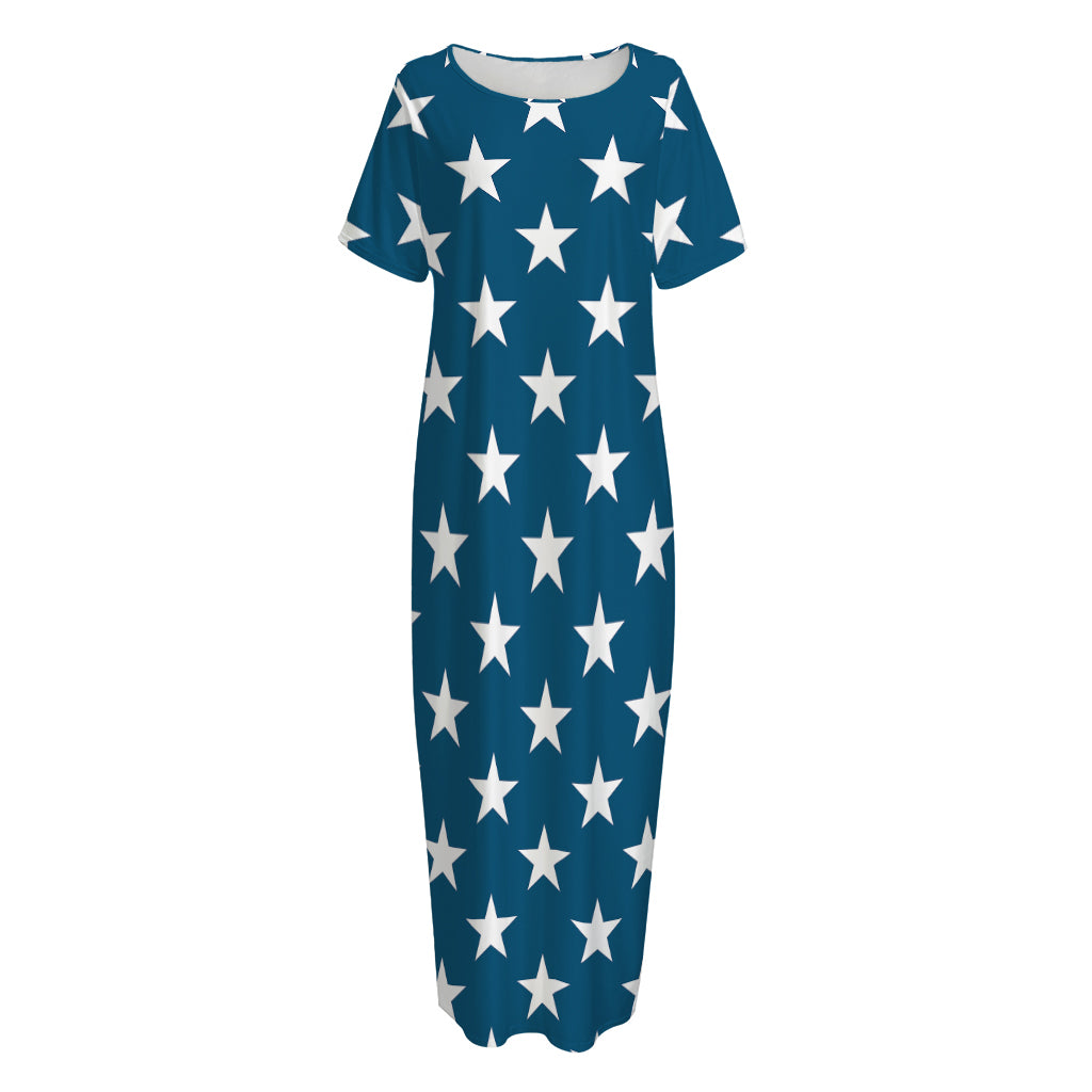 White And Blue USA Star Pattern Print Short Sleeve Long Nightdress