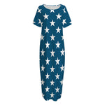 White And Blue USA Star Pattern Print Short Sleeve Long Nightdress