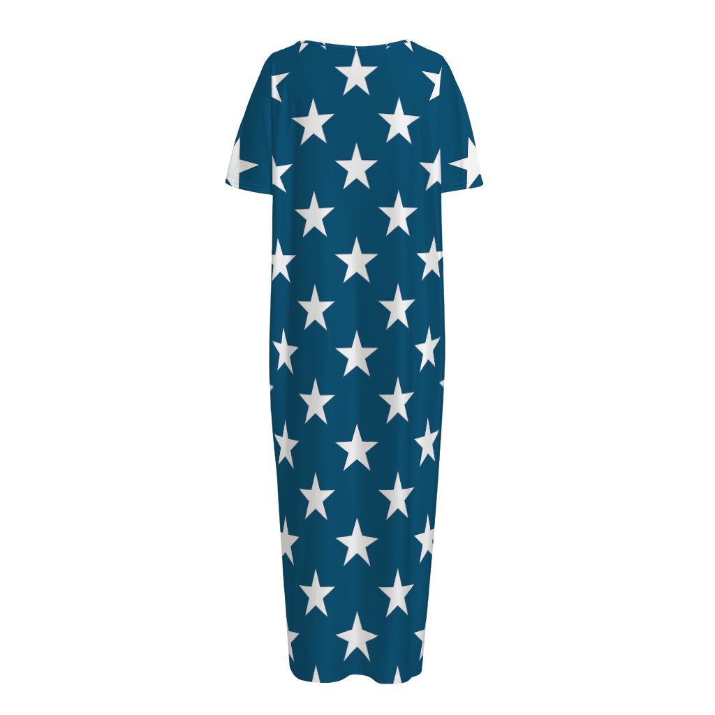 White And Blue USA Star Pattern Print Short Sleeve Long Nightdress