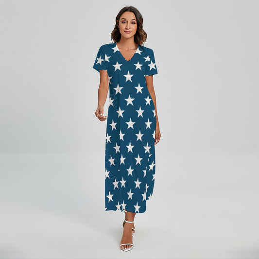 White And Blue USA Star Pattern Print Short Sleeve Maxi Dress