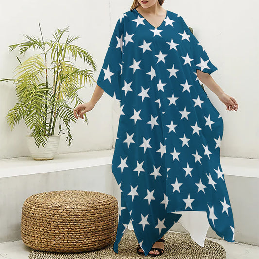 White And Blue USA Star Pattern Print Silk V-Neck Kaftan Dress