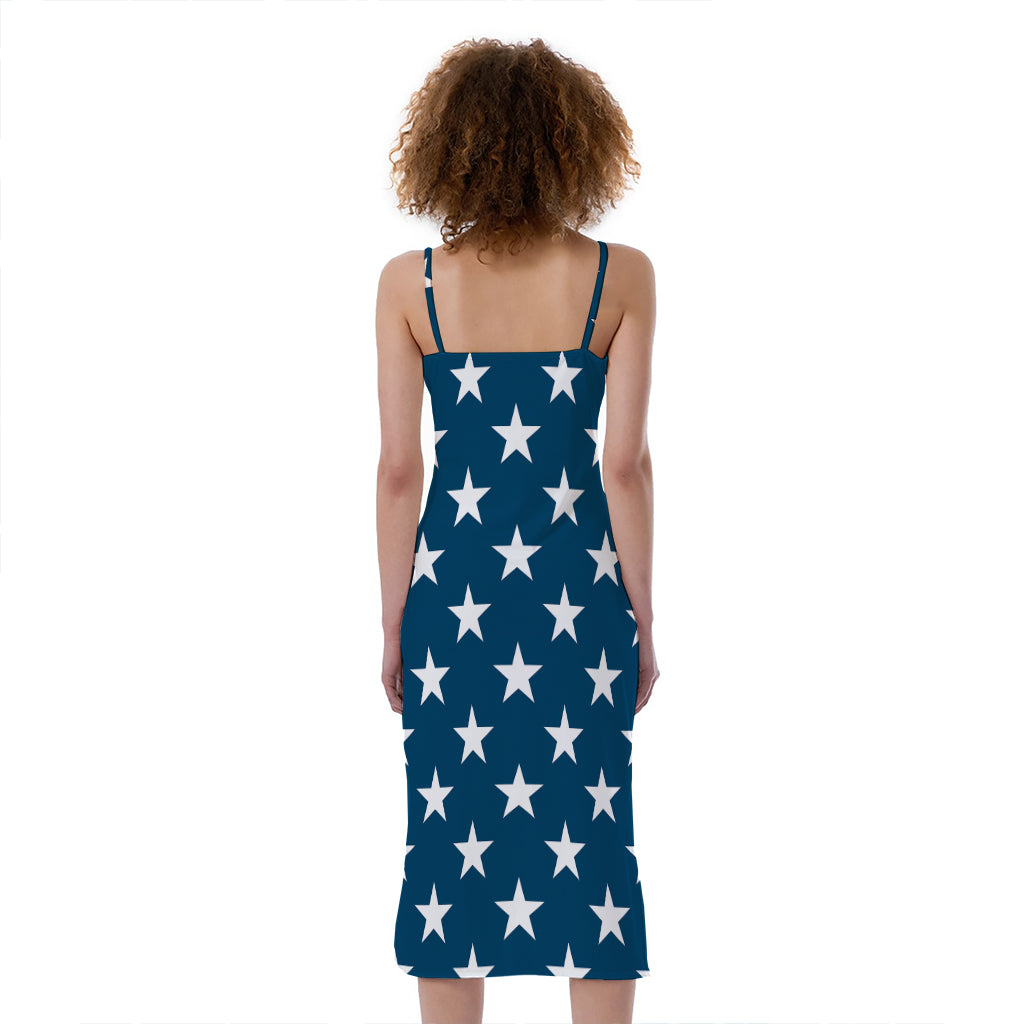 White And Blue USA Star Pattern Print Slim Fit Midi Cami Dress