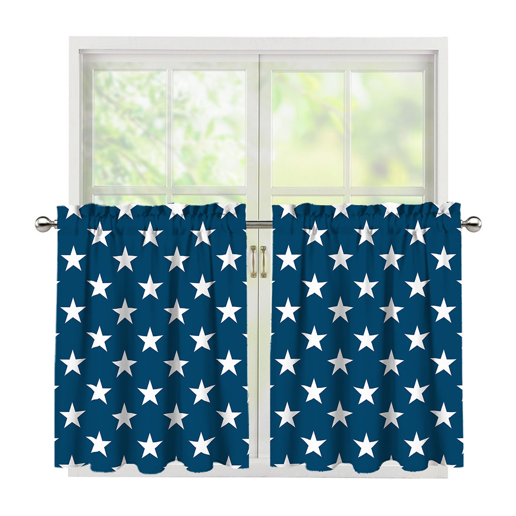 White And Blue USA Star Pattern Print Tier Curtains