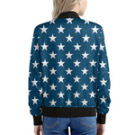 White And Blue USA Star Pattern Print Women's Bomber Jacket