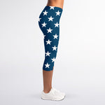 White And Blue USA Star Pattern Print Women's Capri Leggings