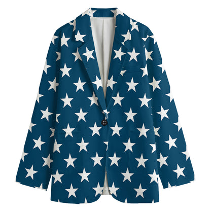 White And Blue USA Star Pattern Print Women's Cotton Blazer