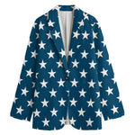 White And Blue USA Star Pattern Print Women's Cotton Blazer