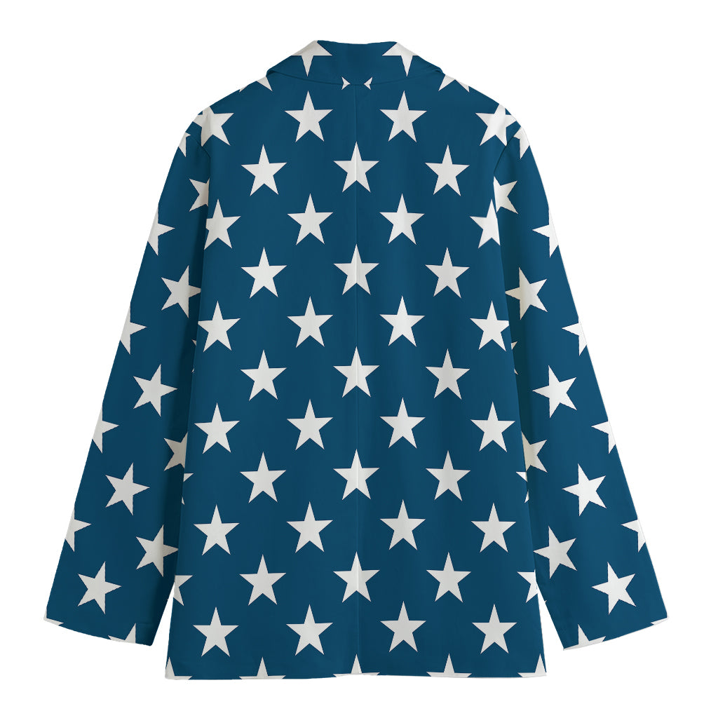 White And Blue USA Star Pattern Print Women's Cotton Blazer