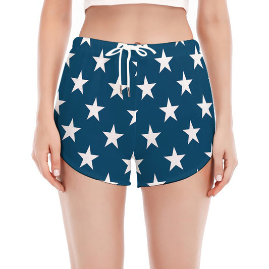 White And Blue USA Star Pattern Print Women's Split Running Shorts
