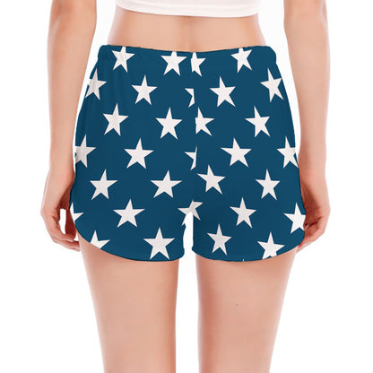 White And Blue USA Star Pattern Print Women's Split Running Shorts