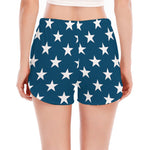 White And Blue USA Star Pattern Print Women's Split Running Shorts