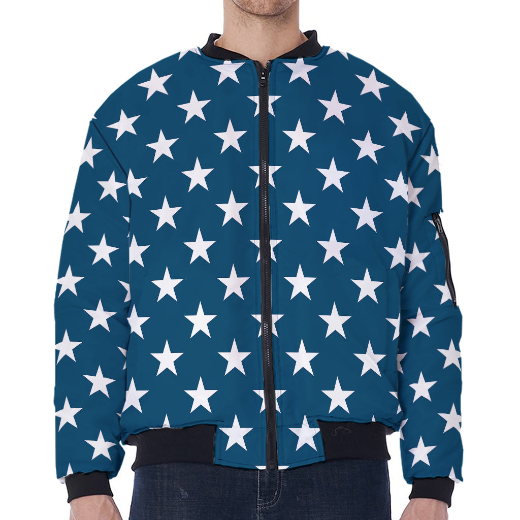 White And Blue USA Star Pattern Print Zip Sleeve Bomber Jacket