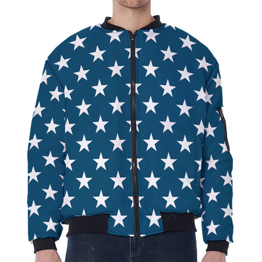 White And Blue USA Star Pattern Print Zip Sleeve Bomber Jacket